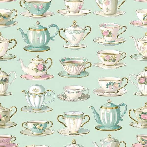 mint green, sage green, pink, cream, white, gold accents, teacups, teapots, saucers, floral motifs, roses, vintage china, tea party, repeating pattern, whimsical, elegant, feminine,, fabric panel, delicate details, pastoral, cottage style, seamless design
