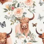 highland cows, vintage pattern,, fabric panel, peach roses, white flowers, butterflies, pastoral design, cream background, orange blooms, green foliage, floral arrangement, rustic charm, soft pastels, country style, botanical elements, nature motifs, cottage aesthetic, farmhouse design, gentle colors