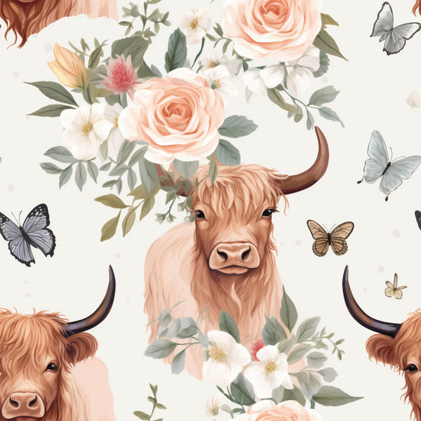 highland cows, vintage pattern,, fabric panel, peach roses, white flowers, butterflies, pastoral design, cream background, orange blooms, green foliage, floral arrangement, rustic charm, soft pastels, country style, botanical elements, nature motifs, cottage aesthetic, farmhouse design, gentle colors