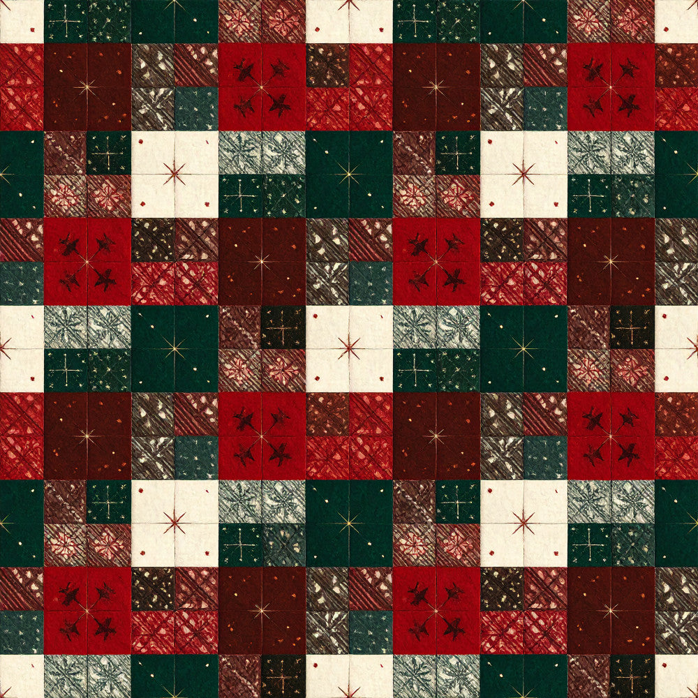forest green, deep red, cream, burgundy, brown, gold stars, patchwork, geometric, holiday, christmas, celestial, star pattern, plaid, striped, rustic, traditional, festive, winter, advent calendar, cozy, elegant, vintage, cross stitch, tile pattern, red and green, classic christmas, seasonal, home decor, quilt inspired
