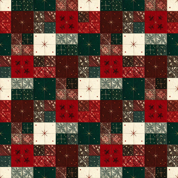 forest green, deep red, cream, burgundy, brown, gold stars, patchwork, geometric, holiday, christmas, celestial, star pattern, plaid, striped, rustic, traditional, festive, winter, advent calendar, cozy, elegant, vintage, cross stitch, tile pattern, red and green, classic christmas, seasonal, home decor, quilt inspired
