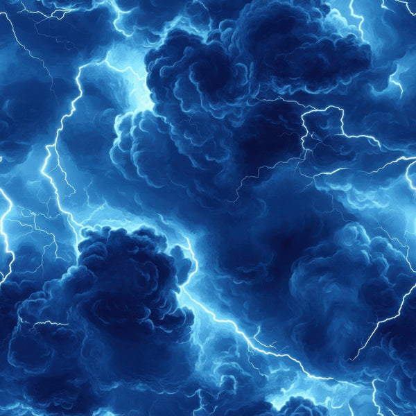 navy blue, electric blue, lightning bolts, thunderstorm, storm clouds, dramatic sky, weather pattern,, fabric panel, swirling clouds, electrical discharge, stormy atmosphere, deep blue, bright white lightning, turbulent sky, nature scene, meteorological, tempest, atmospheric, cotton fabric