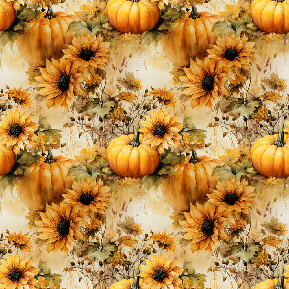 golden yellow, burnt orange, cream, sage green, sunflower, pumpkin, autumn, fall, floral, botanical, nature, farmhouse, rustic, harvest, sunflowers, pumpkins, leaves, stems, buds, watercolor, vintage, traditional, cozy, thanksgiving, seasonal, garden, country, natural, warm tones, earthy