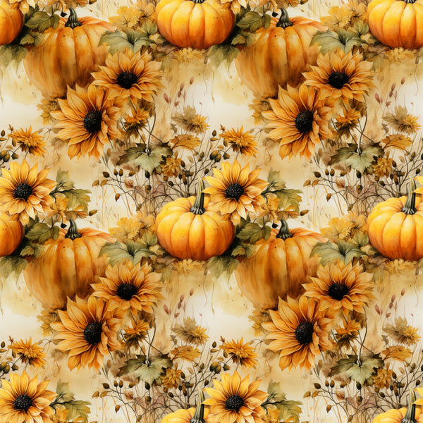 golden yellow, burnt orange, cream, sage green, sunflower, pumpkin, autumn, fall, floral, botanical, nature, farmhouse, rustic, harvest, sunflowers, pumpkins, leaves, stems, buds, watercolor, vintage, traditional, cozy, thanksgiving, seasonal, garden, country, natural, warm tones, earthy