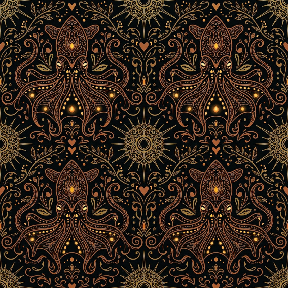gold damask, black and gold, ornate floral, baroque pattern, victorian style, elegant design, sophisticated, luxurious, copper accents, metallic gold, ornamental, decorative motifs, hearts, scrollwork, filigree details, celestial elements, mandala-inspired, symmetrical pattern, traditional elegance, rich jewel tones, bronze and gold, intricate details, glamorous, upscale aesthetic, special occasion, luxury home decor, wedding theme, formal style, antique inspired