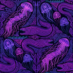 neon purple, hot pink, electric blue, cyan blue, dark purple, magenta, jellyfish, sea creatures, ocean, marine life, underwater, eels, serpents, mythical creatures, ornamental, decorative, psychedelic, whimsical, bohemian, gothic, intricate detail, neon glow, trippy, celestial, fantasy, magical, mystical, adventure, nature inspired