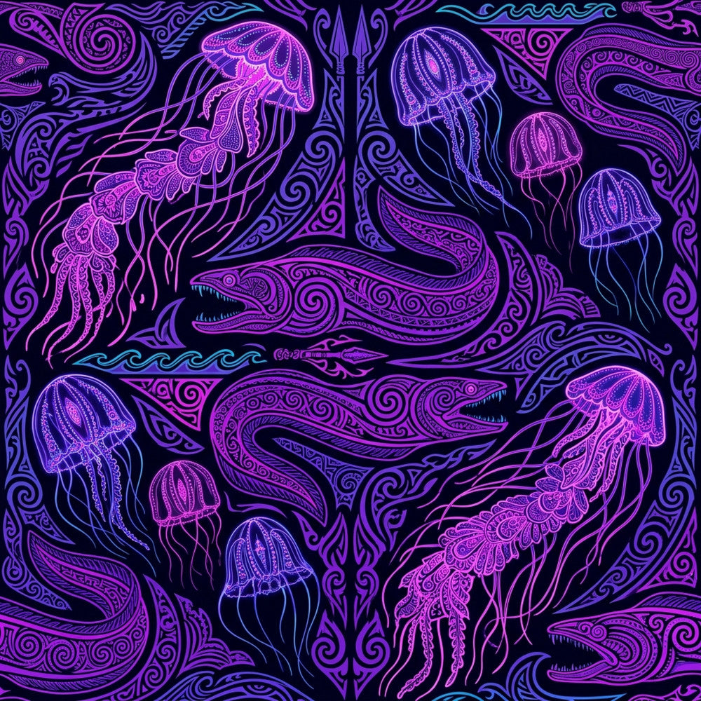 neon purple, hot pink, electric blue, cyan blue, dark purple, magenta, jellyfish, sea creatures, ocean, marine life, underwater, eels, serpents, mythical creatures, ornamental, decorative, psychedelic, whimsical, bohemian, gothic, intricate detail, neon glow, trippy, celestial, fantasy, magical, mystical, adventure, nature inspired