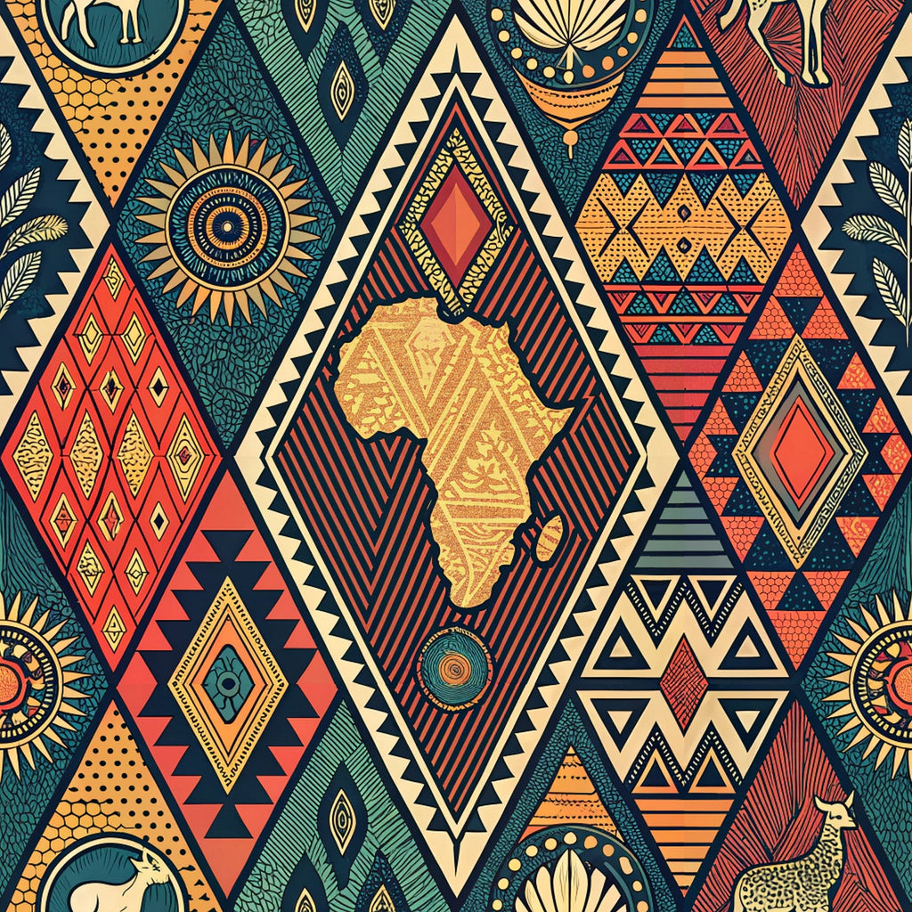 african tribal pattern, geometric designs, diamond shapes, triangular motifs, africa continent silhouette, sun symbols, circular medallions, chevron patterns,, fabric panel, teal, orange, red, yellow, navy blue, cream, earth tones, ethnic artwork, tribal art, repeating pattern, cultural motifs, abstract designs