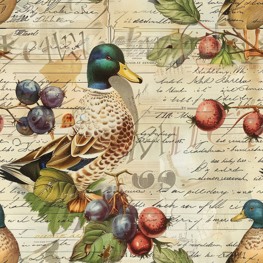 mallard ducks, vintage postcards, handwritten script, botanical berries, emerald green, golden yellow, burgundy red, navy blue, cream background, nature illustration, watercolor style,, fabric panel, farm birds, fruit branches, antique letters, rustic charm, country living, wildlife motifs, autumn colors