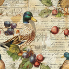 mallard ducks, vintage postcards, handwritten script, botanical berries, emerald green, golden yellow, burgundy red, navy blue, cream background, nature illustration, watercolor style,, fabric panel, farm birds, fruit branches, antique letters, rustic charm, country living, wildlife motifs, autumn colors