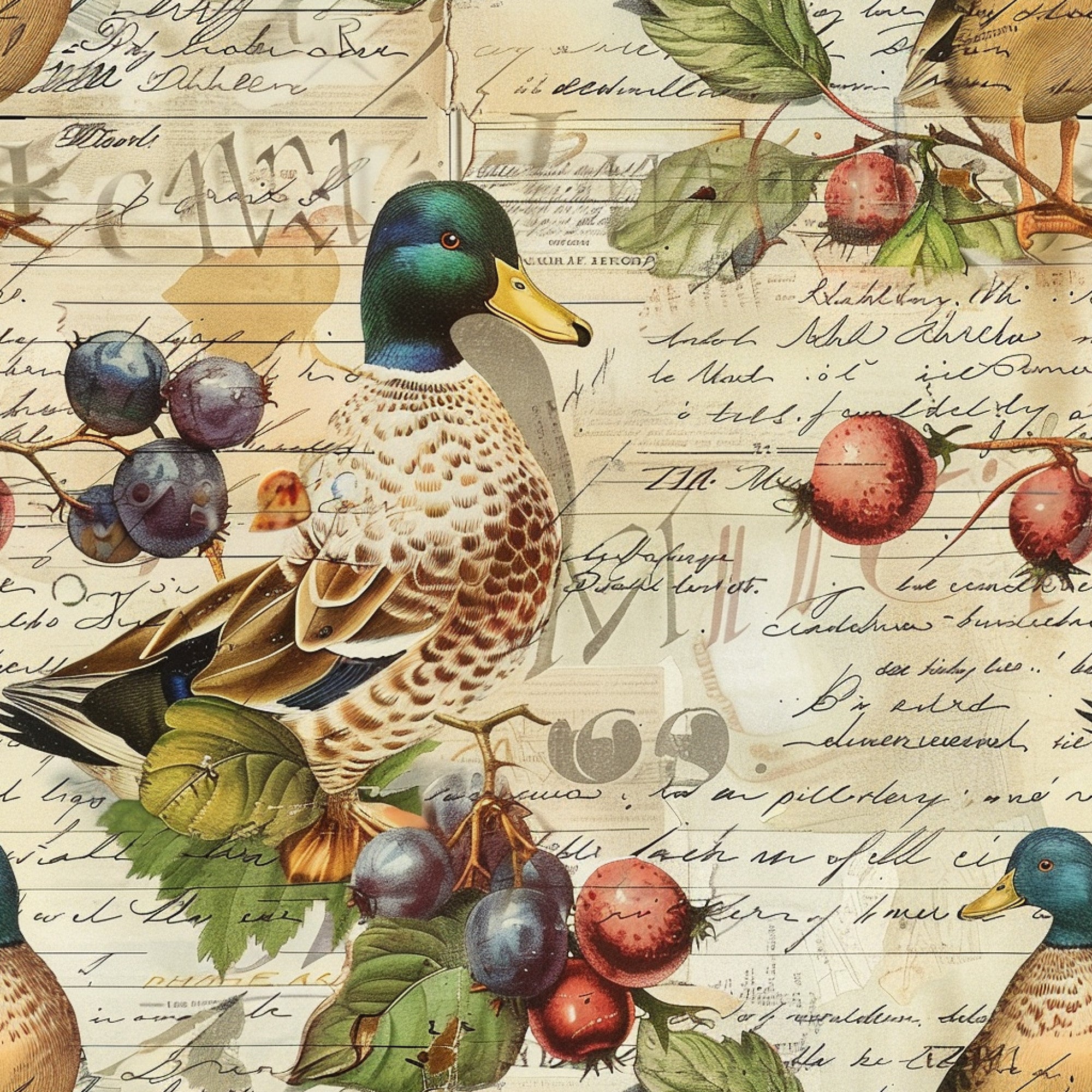 mallard ducks, vintage postcards, handwritten script, botanical berries, emerald green, golden yellow, burgundy red, navy blue, cream background, nature illustration, watercolor style,, fabric panel, farm birds, fruit branches, antique letters, rustic charm, country living, wildlife motifs, autumn colors
