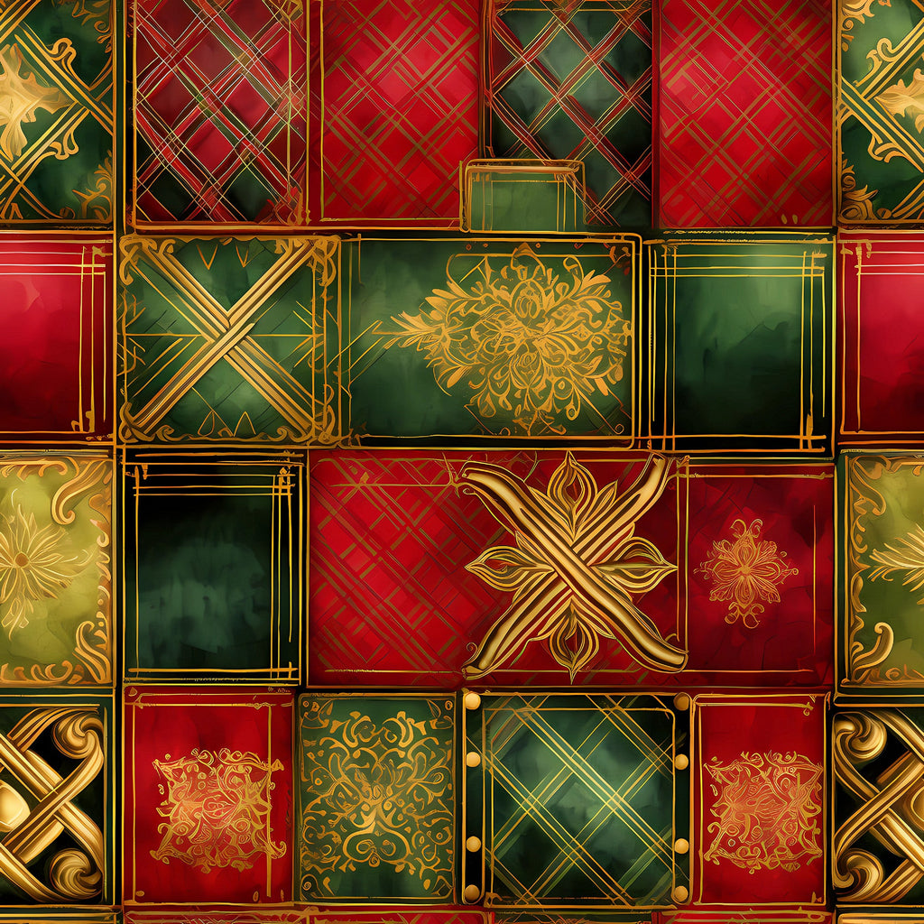 red, green, gold, christmas,, fabric panel, geometric patterns, plaid, tartan, crosshatch, ornate medallions, decorative motifs, festive, holiday themed, luxurious, elegant, patchwork squares, celtic crosses, floral ornaments, baroque style