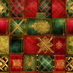 red, green, gold, christmas,, fabric panel, geometric patterns, plaid, tartan, crosshatch, ornate medallions, decorative motifs, festive, holiday themed, luxurious, elegant, patchwork squares, celtic crosses, floral ornaments, baroque style