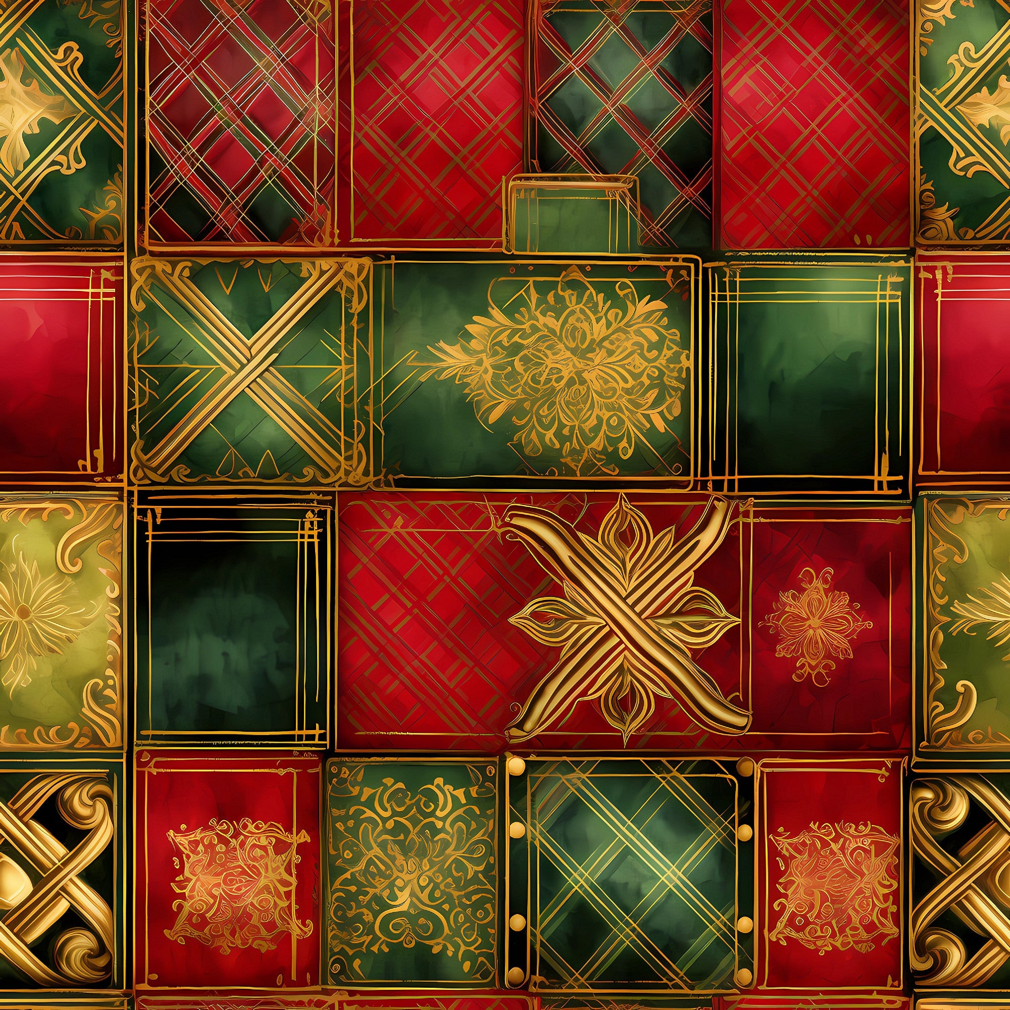 red, green, gold, christmas,, fabric panel, geometric patterns, plaid, tartan, crosshatch, ornate medallions, decorative motifs, festive, holiday themed, luxurious, elegant, patchwork squares, celtic crosses, floral ornaments, baroque style