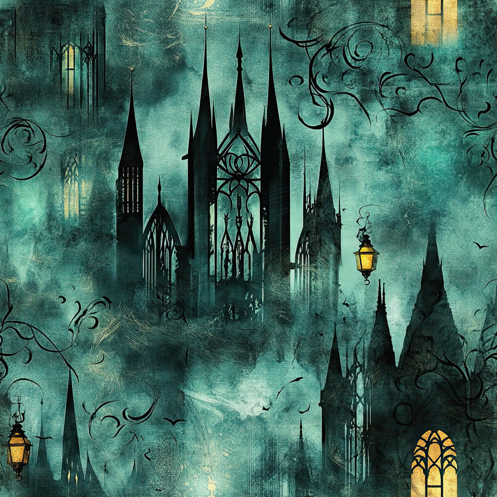 teal, turquoise, forest green, dark green, gold, yellow, gothic, cathedral, architecture, ornate, vintage, elegant, mystical, spooky, dark fantasy, steampunk, decorative scrolls, filigree, stained glass windows, lanterns, victorian, haunting, moody, dramatic, fantasy, decorative arts, intricate details, ornamental, celestial, twilight