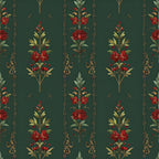 forest green, deep green, red flowers, gold leaves, vintage floral, classic damask, botanical, nature-inspired, elegant, traditional, ornamental, decorative vines, climbing vines, symmetrical pattern, formal, timeless, victorian style, garden theme, red roses, golden foliage, striped design, vertical stripes, ornate details, romantic, sophisticated, jewel tones, rich colors, heirloom design, botanical illustration