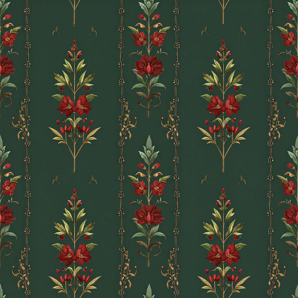 forest green, deep green, red flowers, gold leaves, vintage floral, classic damask, botanical, nature-inspired, elegant, traditional, ornamental, decorative vines, climbing vines, symmetrical pattern, formal, timeless, victorian style, garden theme, red roses, golden foliage, striped design, vertical stripes, ornate details, romantic, sophisticated, jewel tones, rich colors, heirloom design, botanical illustration