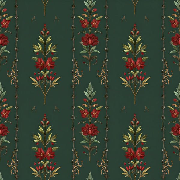 forest green, deep green, red flowers, gold leaves, vintage floral, classic damask, botanical, nature-inspired, elegant, traditional, ornamental, decorative vines, climbing vines, symmetrical pattern, formal, timeless, victorian style, garden theme, red roses, golden foliage, striped design, vertical stripes, ornate details, romantic, sophisticated, jewel tones, rich colors, heirloom design, botanical illustration