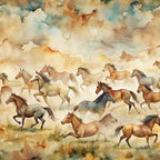 wild horses, galloping horses, watercolor style, earth tones, brown, tan, beige, cream, dusty blue, orange accents, cloudy sky, prairie scene, western theme, nature scene,, fabric panel, artistic rendering, soft brushstrokes, equestrian motif, herd of horses