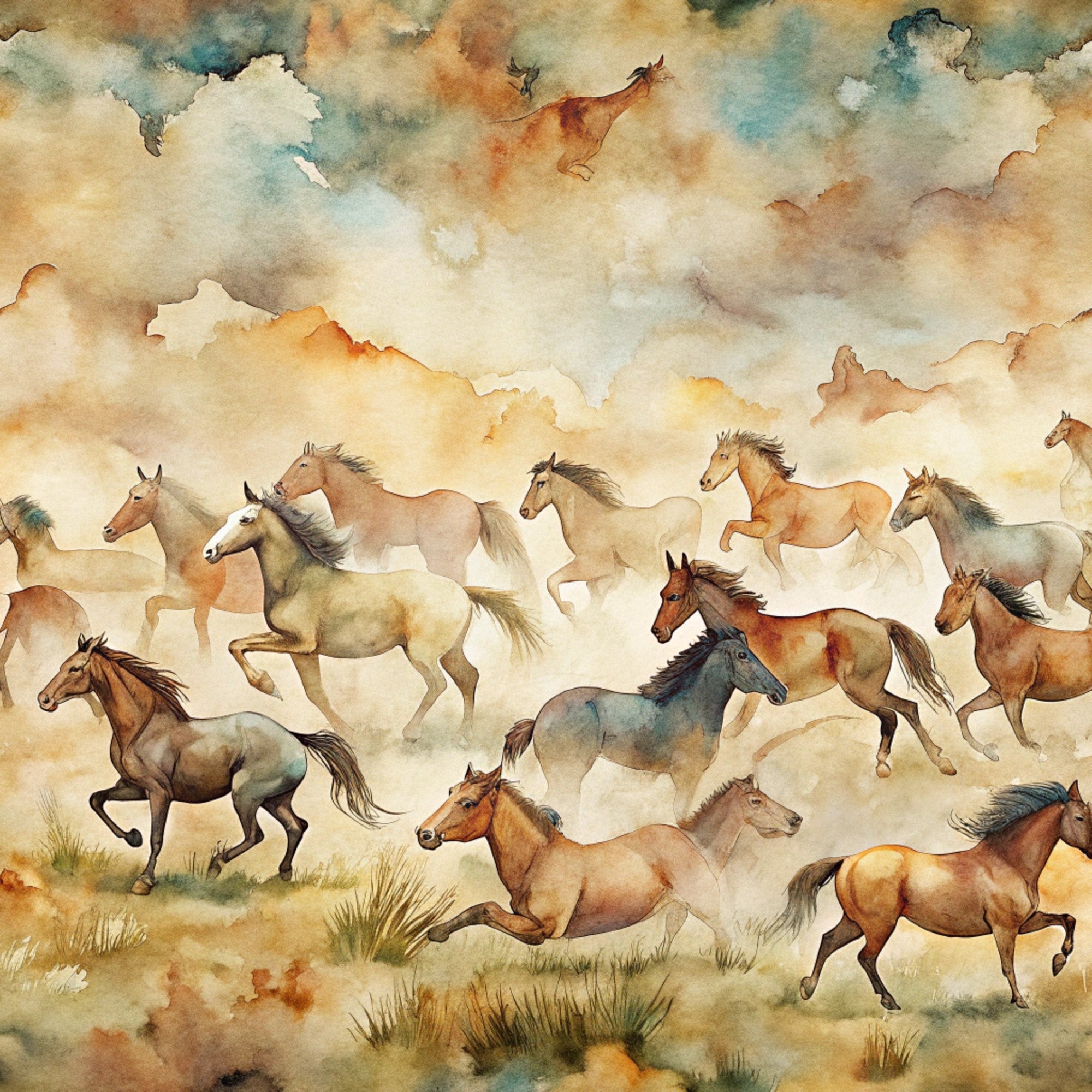 wild horses, galloping horses, watercolor style, earth tones, brown, tan, beige, cream, dusty blue, orange accents, cloudy sky, prairie scene, western theme, nature scene, quilting cotton, fabric panel, artistic rendering, soft brushstrokes, equestrian motif, herd of horses