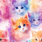 watercolor kittens, pastel colors, rainbow hues, pink tones, blue shades, orange accents, purple highlights, cute cats, baby animals, whimsical art, soft brushstrokes, dreamy aesthetic,, fabric panel, playful design, fluffy kittens, bright eyes, colorful fur, artistic cats, crafting material
