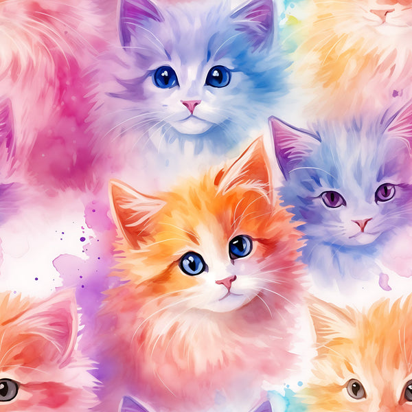 watercolor kittens, pastel colors, rainbow hues, pink tones, blue shades, orange accents, purple highlights, cute cats, baby animals, whimsical art, soft brushstrokes, dreamy aesthetic,, fabric panel, playful design, fluffy kittens, bright eyes, colorful fur, artistic cats, crafting material