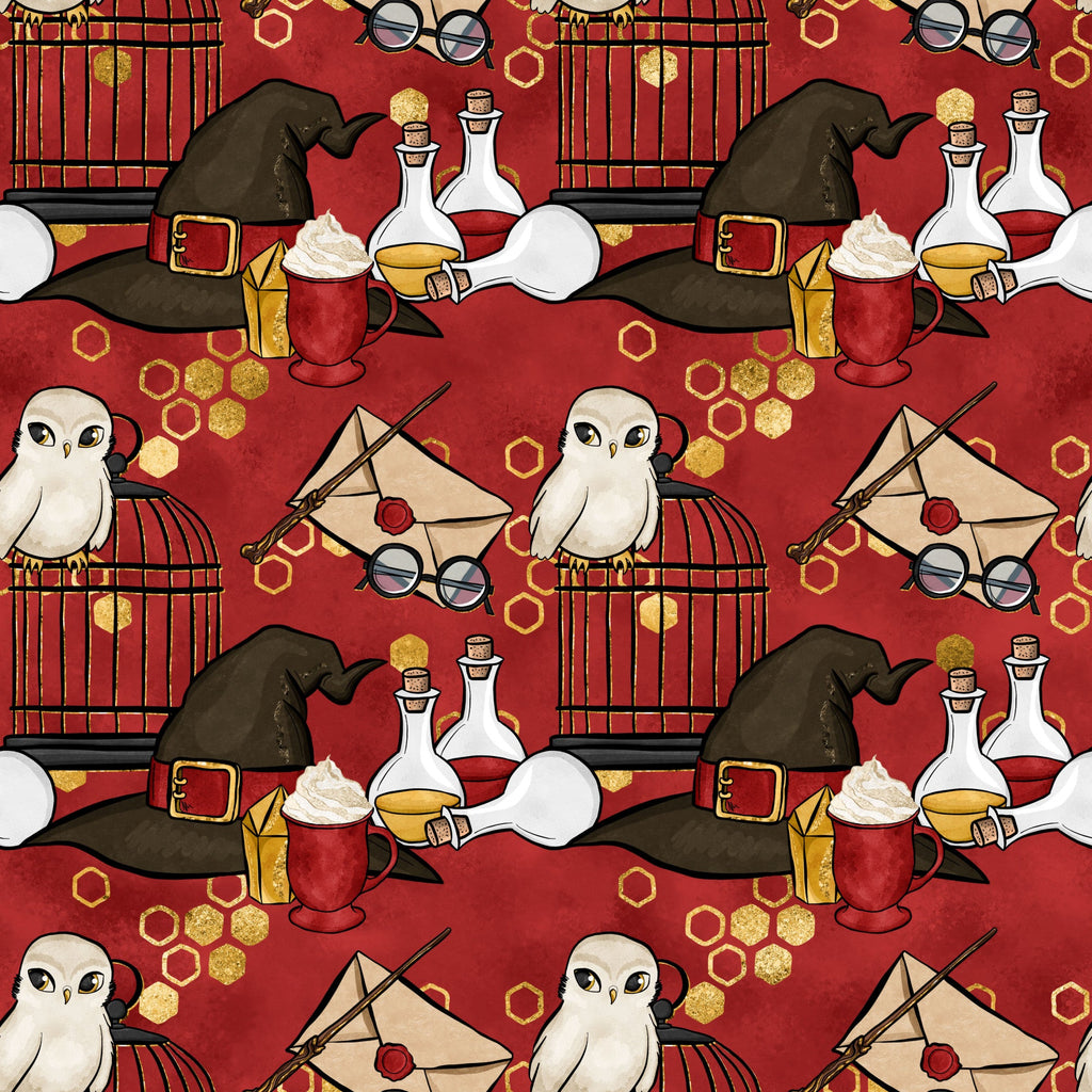 burgundy red, deep crimson, gold accents, witch hat, potion bottles, owl, birdcage, eyeglasses, magic wand, envelope, hexagon pattern,, fabric panel, wizard theme, magical elements, whimsical illustrations, cartoon style, school supplies, mystical objects, repeating pattern