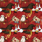 burgundy red, deep crimson, gold accents, witch hat, potion bottles, owl, birdcage, eyeglasses, magic wand, envelope, hexagon pattern,, fabric panel, wizard theme, magical elements, whimsical illustrations, cartoon style, school supplies, mystical objects, repeating pattern