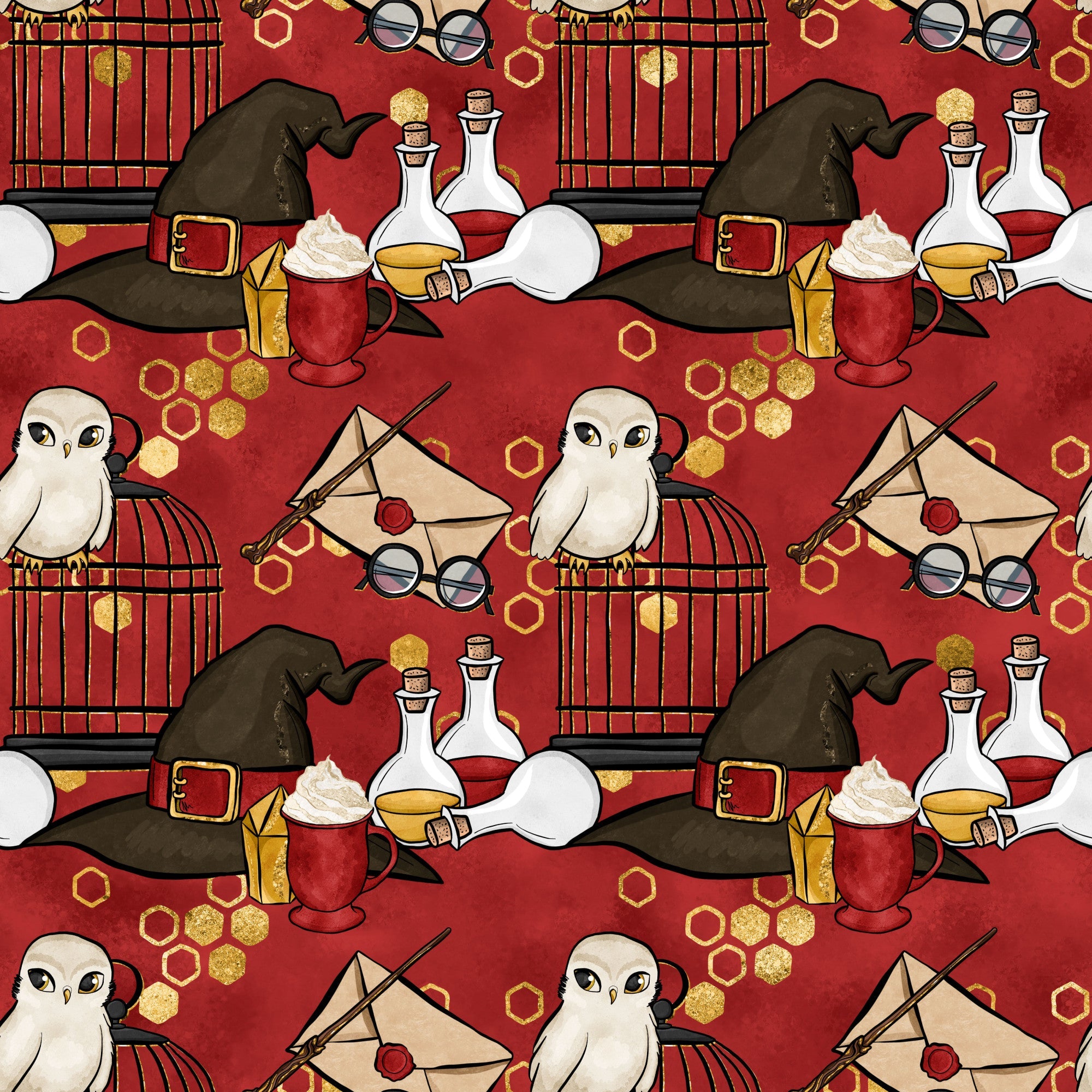 burgundy red, deep crimson, gold accents, witch hat, potion bottles, owl, birdcage, eyeglasses, magic wand, envelope, hexagon pattern,, fabric panel, wizard theme, magical elements, whimsical illustrations, cartoon style, school supplies, mystical objects, repeating pattern