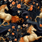 cream horses, golden mane, orange flowers, dark navy background, floral pattern, horse motif, elegant style, whimsical design, nature theme, botanical elements, cream and gold, burnt orange, dark blue, flowing mane, decorative horses, vintage style, ornamental flowers, animal print, celestial dark tones, luxury aesthetic, damask inspired, dramatic contrast, marigold flowers, cream colored horses, flowing florals, equestrian theme, dainty blooms, statement pattern