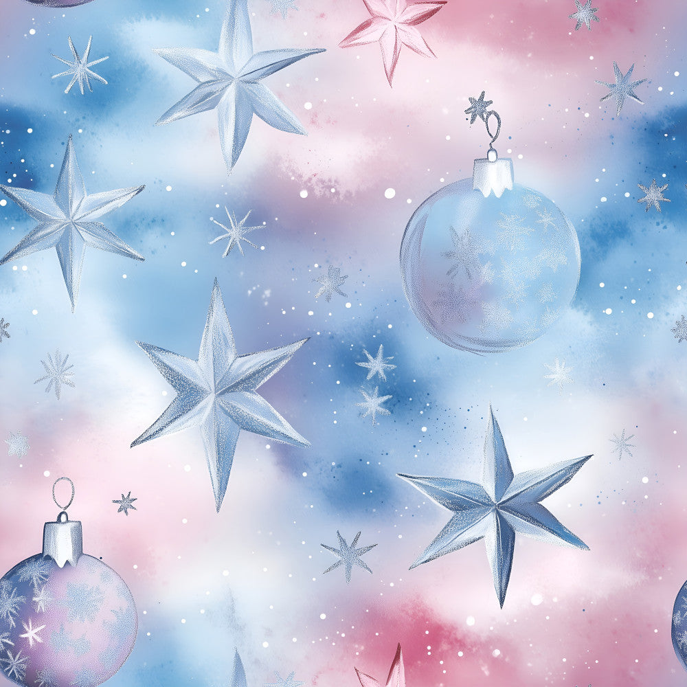 pastel blue, soft pink, icy white, lavender, winter white, stars, snowflakes, ornaments, baubles, holiday, christmas, celestial, whimsical, elegant, dreamy, sparkly, shimmery, frozen, winter wonderland, festive, magical, nursery, baby shower, kids room, playroom, soft and cuddly, gentle, soothing, metallic accents, enchanted