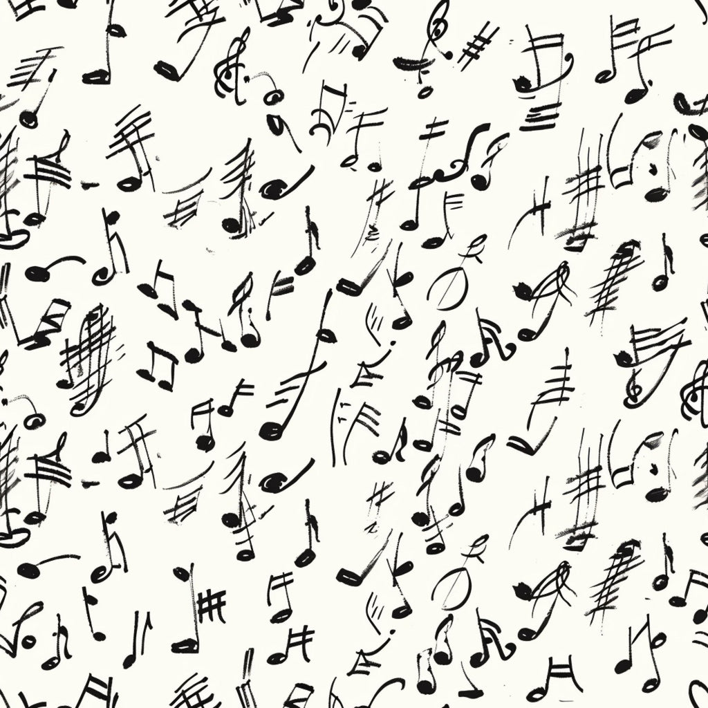 black and white, musical notes, handwritten style, treble clef, sheet music, scattered pattern, monochrome,, fabric panel, music theme, artistic script, flowing design, creative pattern, craft fabric, sewing material, musical symbols, organic layout, sketchy style, contemporary design