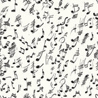 black and white, musical notes, handwritten style, treble clef, sheet music, scattered pattern, monochrome,, fabric panel, music theme, artistic script, flowing design, creative pattern, craft fabric, sewing material, musical symbols, organic layout, sketchy style, contemporary design