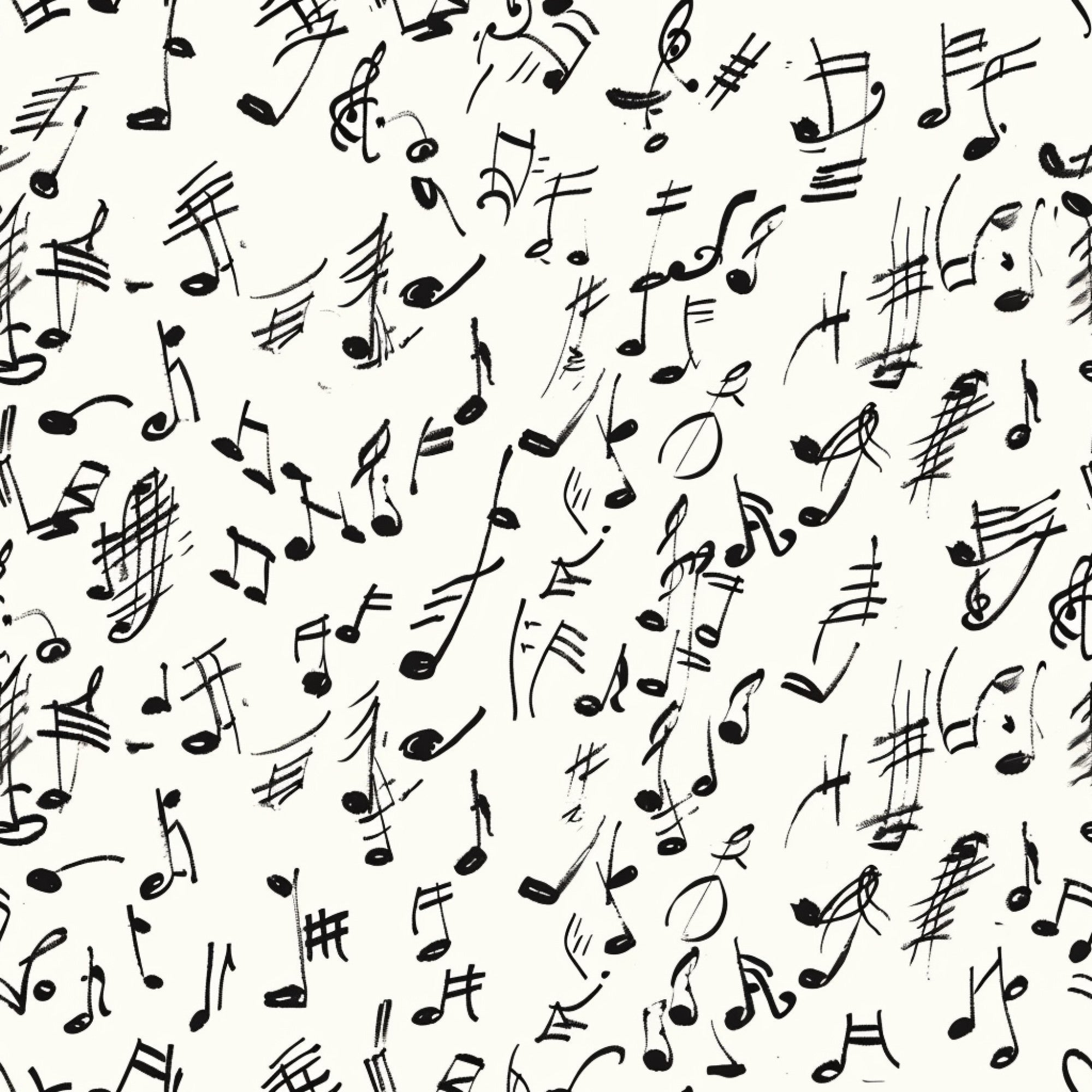 black and white, musical notes, handwritten style, treble clef, sheet music, scattered pattern, monochrome,, fabric panel, music theme, artistic script, flowing design, creative pattern, craft fabric, sewing material, musical symbols, organic layout, sketchy style, contemporary design