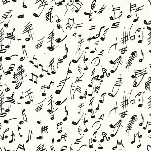 black and white, musical notes, handwritten style, treble clef, sheet music, scattered pattern, monochrome,, fabric panel, music theme, artistic script, flowing design, creative pattern, craft fabric, sewing material, musical symbols, organic layout, sketchy style, contemporary design