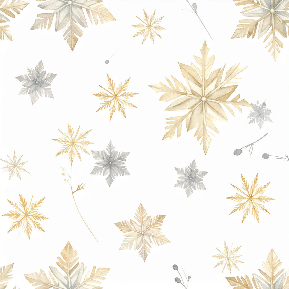 cream, gold, tan, beige, silver gray, snowflakes, winter, holiday, christmas, elegant, whimsical, nature, botanical, delicate, sparkly, festive, neutral, soft, modern, traditional, snowflake pattern, branch, berries, cozy, seasonal, metallic accents, sophisticated, minimalist, scandinavian, nursery
