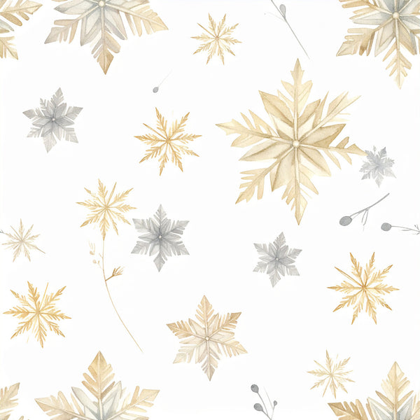 cream, gold, tan, beige, silver gray, snowflakes, winter, holiday, christmas, elegant, whimsical, nature, botanical, delicate, sparkly, festive, neutral, soft, modern, traditional, snowflake pattern, branch, berries, cozy, seasonal, metallic accents, sophisticated, minimalist, scandinavian, nursery