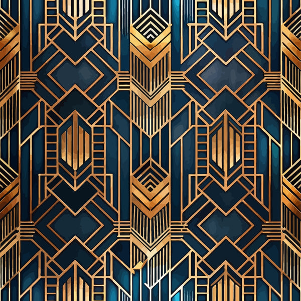 navy blue, gold, copper, bronze, geometric pattern, art deco, diamond shapes, chevron, angular lines, metallic accents, luxurious, repeating motif,, fabric panel, symmetrical design, vintage inspired, sophisticated, intricate details