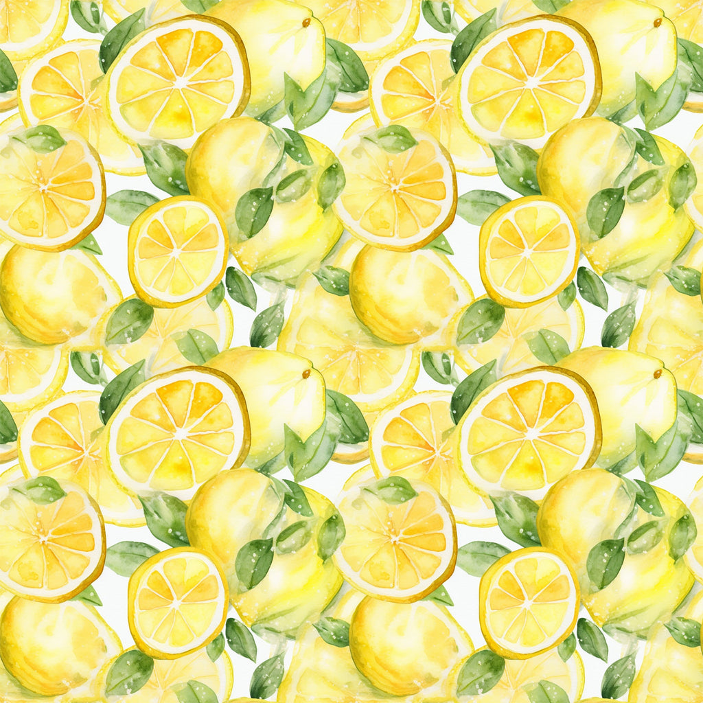 yellow, bright yellow, green leaves, lemon slices, whole lemons, citrus fruit, watercolor style, seamless pattern, repeating design, fresh, summer vibes,, fabric panel, botanical elements, juicy, vibrant colors, hand-painted look, kitchen theme, fruit pattern, cheerful