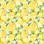 yellow, bright yellow, green leaves, lemon slices, whole lemons, citrus fruit, watercolor style, seamless pattern, repeating design, fresh, summer vibes,, fabric panel, botanical elements, juicy, vibrant colors, hand-painted look, kitchen theme, fruit pattern, cheerful
