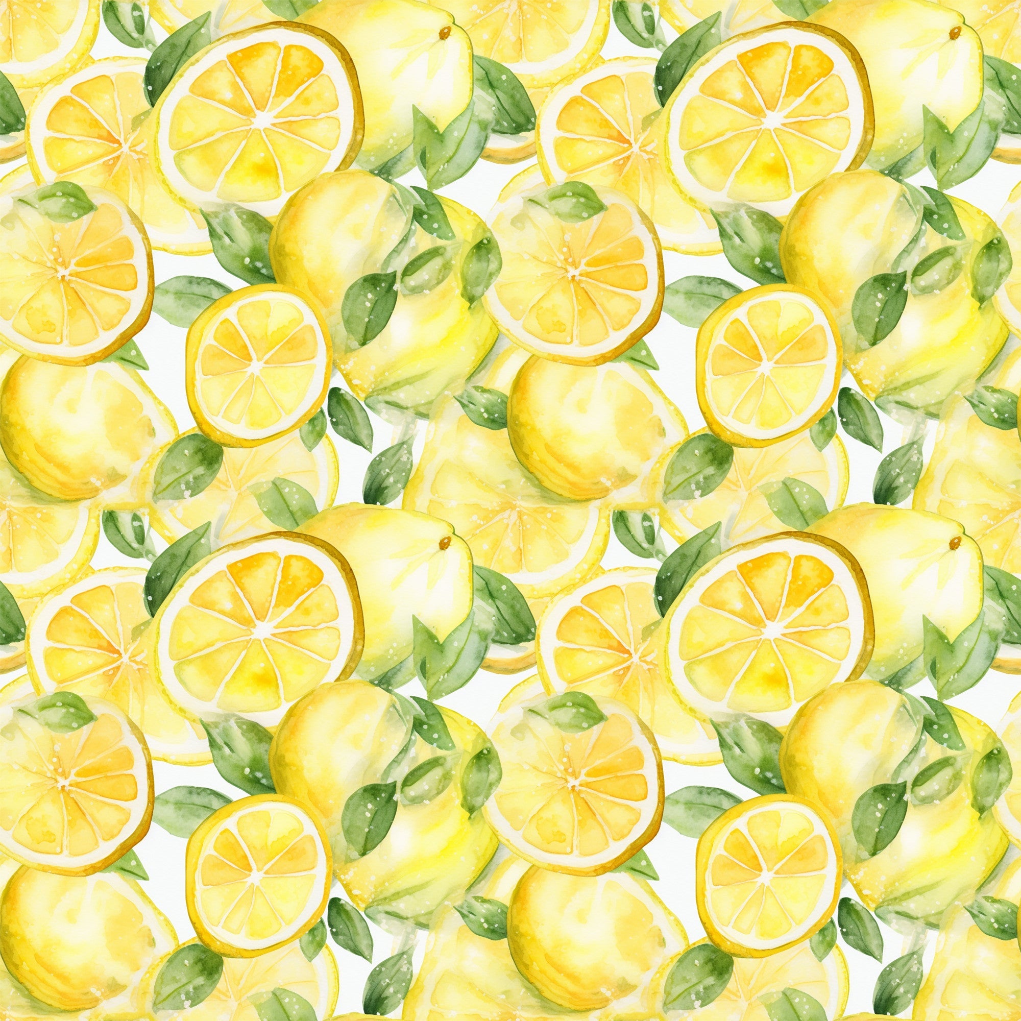 yellow, bright yellow, green leaves, lemon slices, whole lemons, citrus fruit, watercolor style, seamless pattern, repeating design, fresh, summer vibes,, fabric panel, botanical elements, juicy, vibrant colors, hand-painted look, kitchen theme, fruit pattern, cheerful