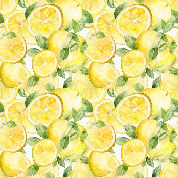 yellow, bright yellow, green leaves, lemon slices, whole lemons, citrus fruit, watercolor style, seamless pattern, repeating design, fresh, summer vibes,, fabric panel, botanical elements, juicy, vibrant colors, hand-painted look, kitchen theme, fruit pattern, cheerful