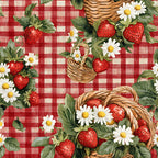 red gingham, white checks, strawberries, wicker baskets, white daisies, green leaves, picnic theme, summer fruits,, fabric panel, cottage core, country style, botanical motifs, red and white, checkered background, rustic baskets, floral elements, berry picking, pastoral scene