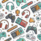 gaming controllers, video game pattern, retro controllers, modern gaming, teal, coral, orange, yellow, white background, headphones, cassette tapes, trophy, stars, scattered pattern, nostalgic gaming,, fabric panel, gaming accessories, handheld controllers, seamless repeat