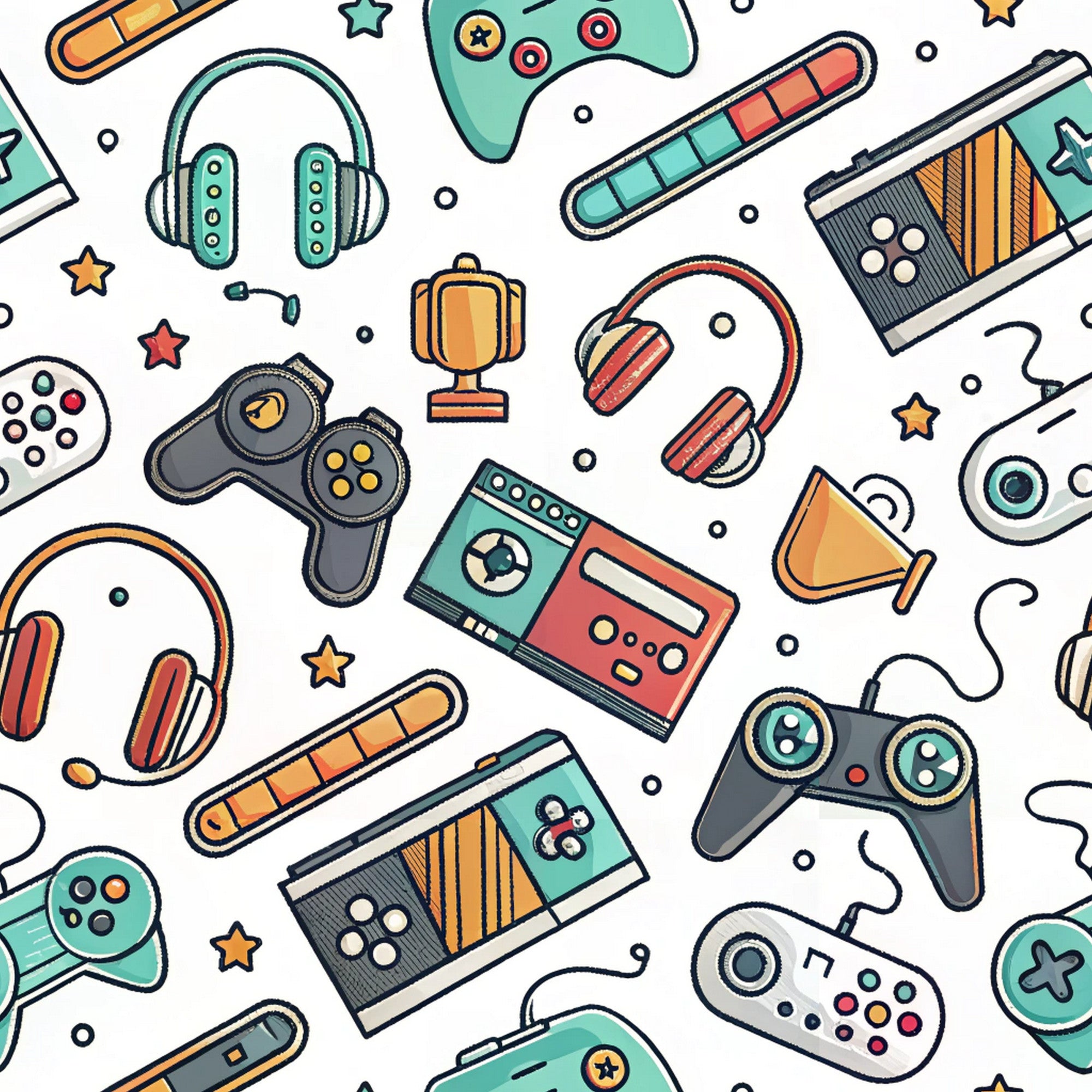 gaming controllers, video game pattern, retro controllers, modern gaming, teal, coral, orange, yellow, white background, headphones, cassette tapes, trophy, stars, scattered pattern, nostalgic gaming,, fabric panel, gaming accessories, handheld controllers, seamless repeat