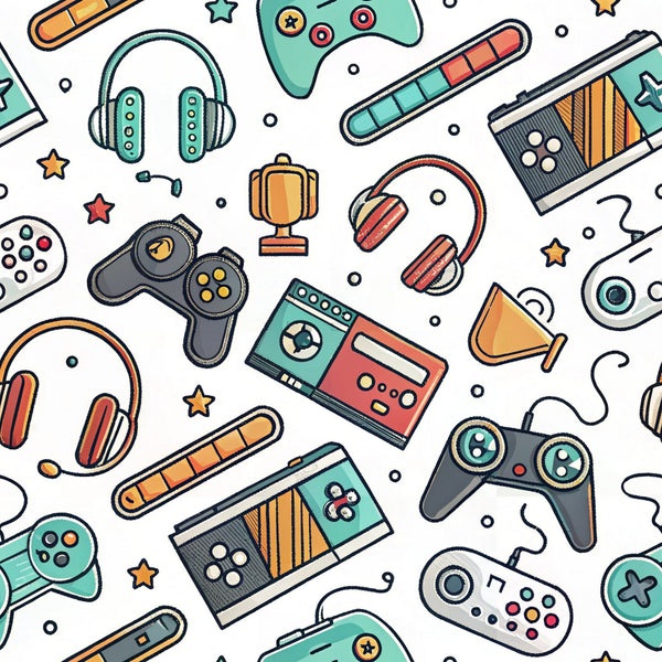 gaming controllers, video game pattern, retro controllers, modern gaming, teal, coral, orange, yellow, white background, headphones, cassette tapes, trophy, stars, scattered pattern, nostalgic gaming,, fabric panel, gaming accessories, handheld controllers, seamless repeat