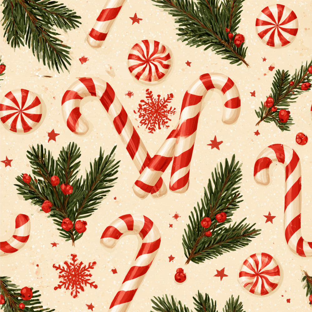 red and white, candy cane, peppermint, evergreen, christmas, holiday, festive, winter, candy striped, red stripes, white stripes, snowflake, peppermint candy, holly berries, pine branches, red ornaments, stars, whimsical, traditional, vintage christmas, retro holiday, cream background, warm colors, classic christmas, candy motif, decorative stars, festive design, holiday cheer, nostalgic
