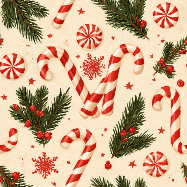 red and white, candy cane, peppermint, evergreen, christmas, holiday, festive, winter, candy striped, red stripes, white stripes, snowflake, peppermint candy, holly berries, pine branches, red ornaments, stars, whimsical, traditional, vintage christmas, retro holiday, cream background, warm colors, classic christmas, candy motif, decorative stars, festive design, holiday cheer, nostalgic