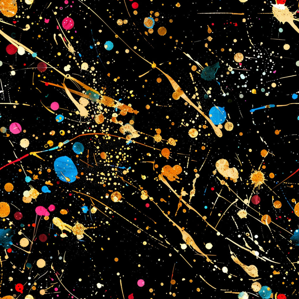 black background, paint splatter, glitter effect, gold accents, blue dots, pink circles, orange splatters, white speckles, red droplets, yellow paint, abstract pattern, cosmic design, energetic style, splashed paint, colorful chaos,, fabric panel, modern art, dynamic composition, multicolored splatters