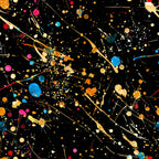 black background, paint splatter, glitter effect, gold accents, blue dots, pink circles, orange splatters, white speckles, red droplets, yellow paint, abstract pattern, cosmic design, energetic style, splashed paint, colorful chaos,, fabric panel, modern art, dynamic composition, multicolored splatters